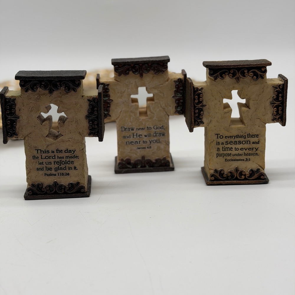 Set of 3 Religious Tabletop Crosses with Bible Verses Faux Stone Resin Decor